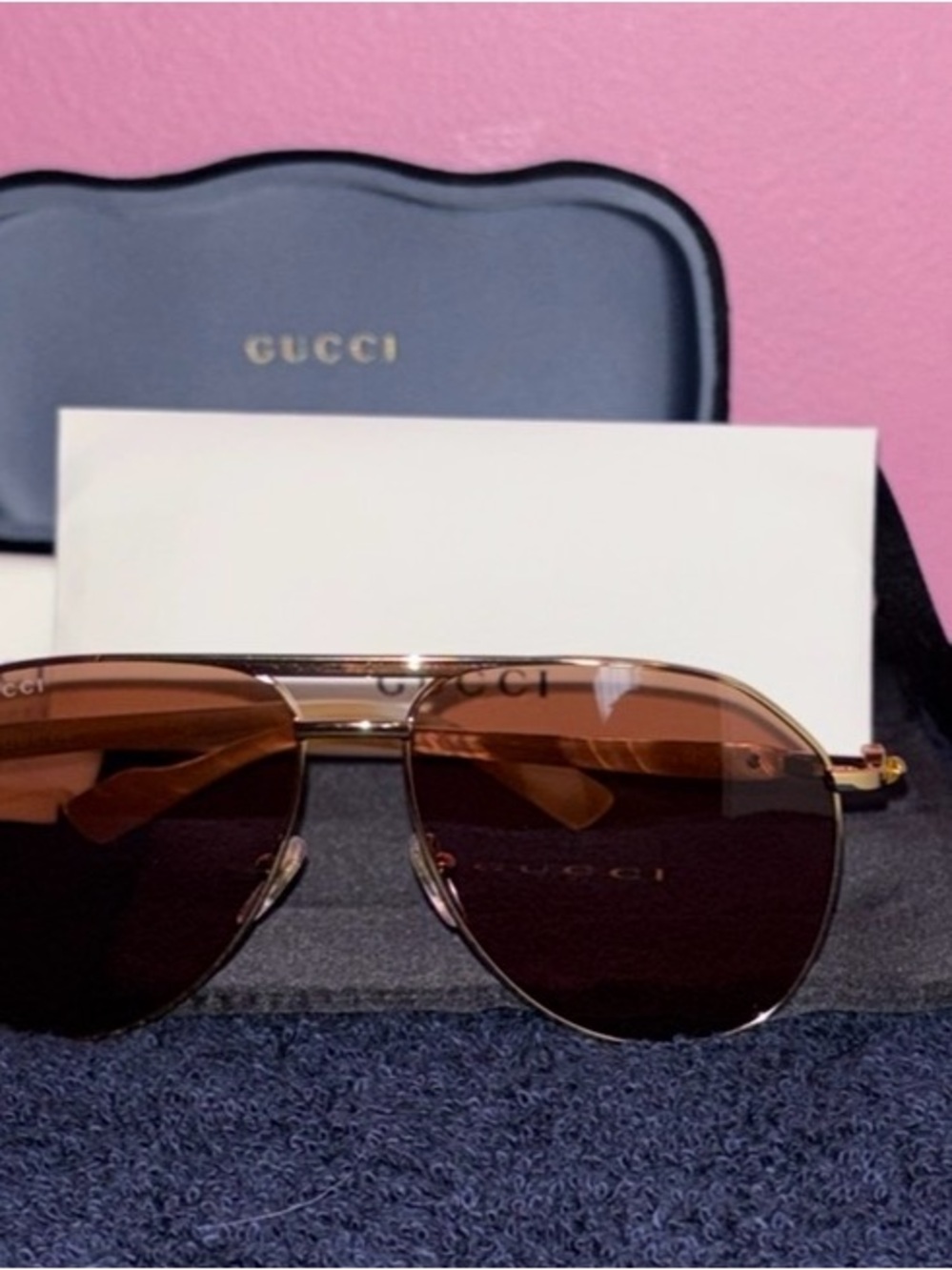 BNWT Gucci Gold Metal Aviator Sunglasses with Brown Lenses